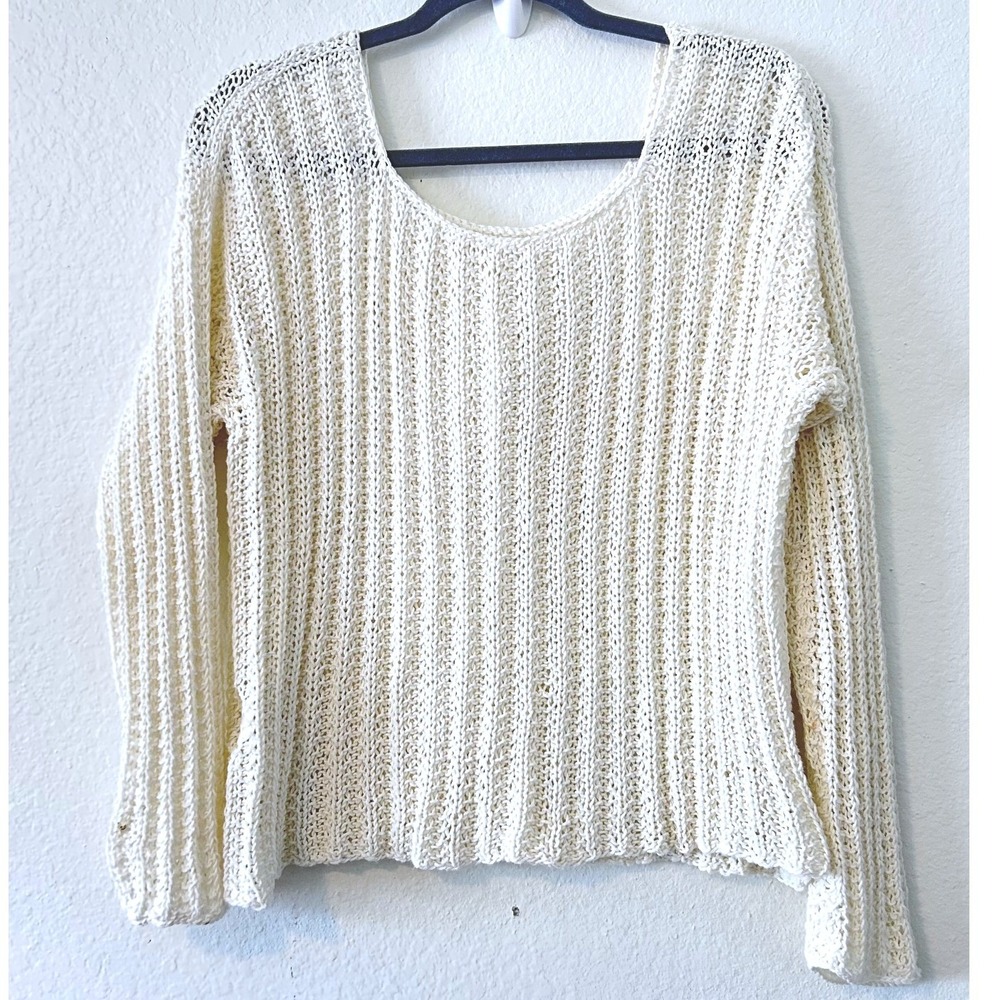 Cream Open Knit Coastal Seaside Cotton‎ Sweater Scoop Neck Pullover SZ M/L
